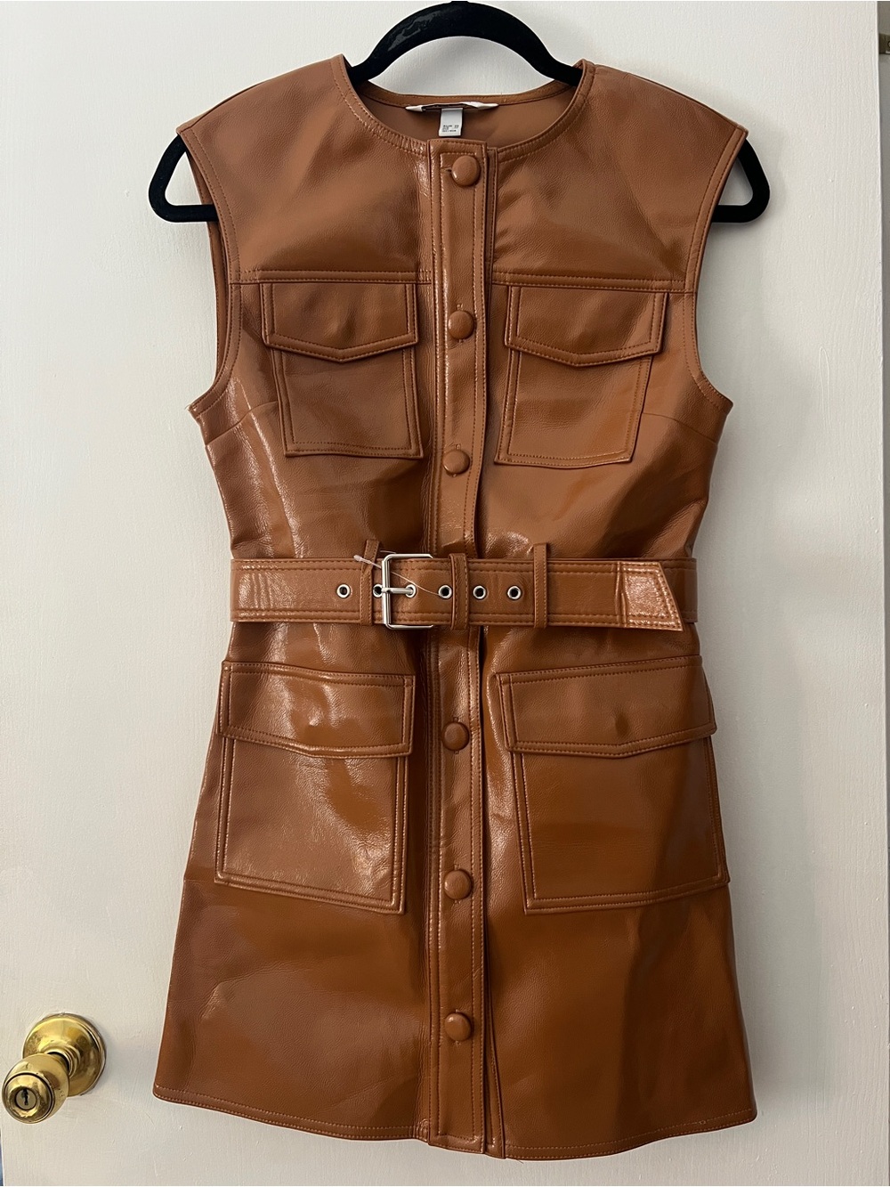 Women’s Faux Leather Belted Pocket Dress — Brown